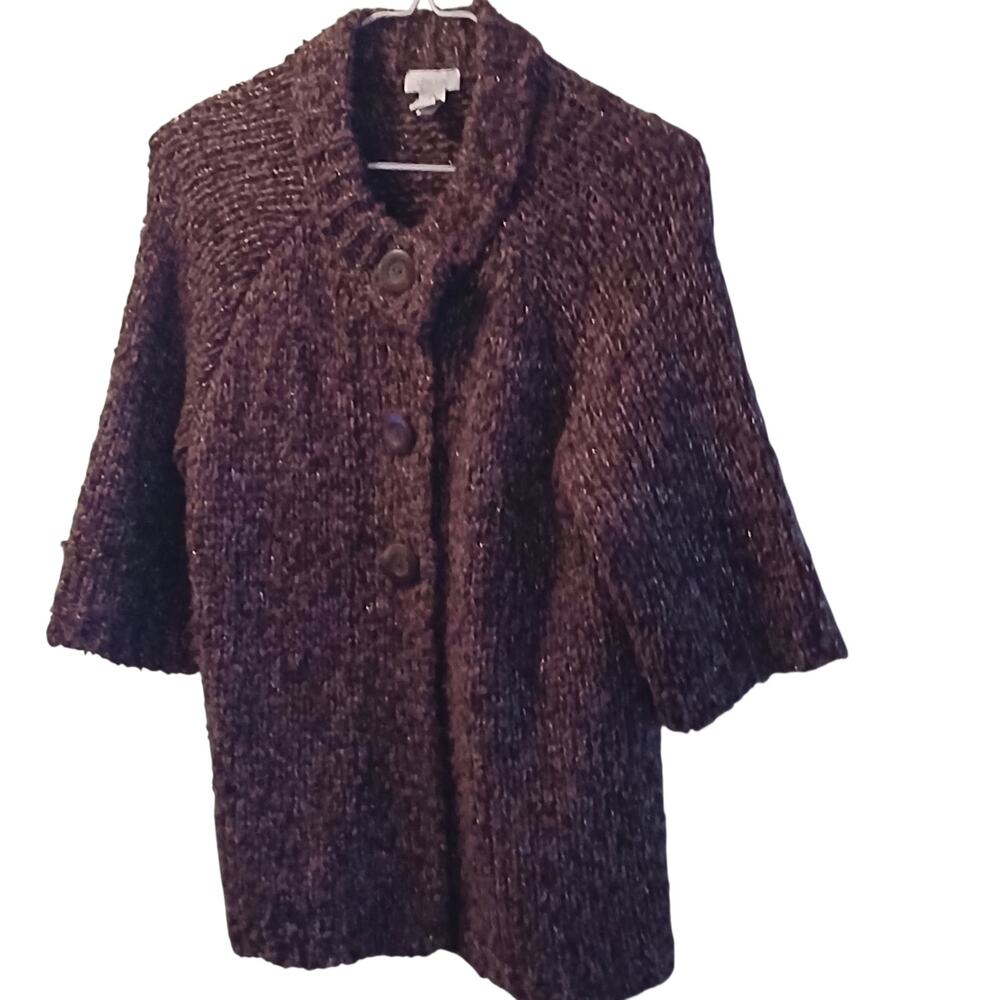 CHICOS PURPLE SILVER METALLIC LONG SLEEVE CHUNKY KNIT 3/4 SLEEVES SIZE 0